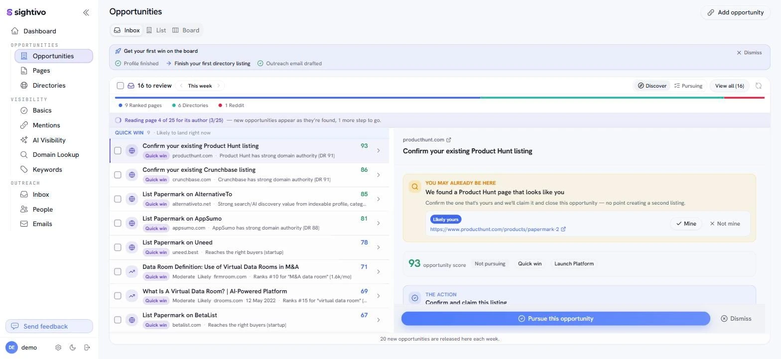 Sightivo's opportunity inbox: scored placements including directory listings, comparison listicles and ranked pages, each with the action to take